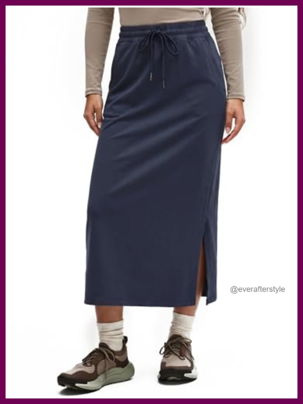 High Waisted Stretch Midi Skirt Side Slit Pockets Casual Athletic